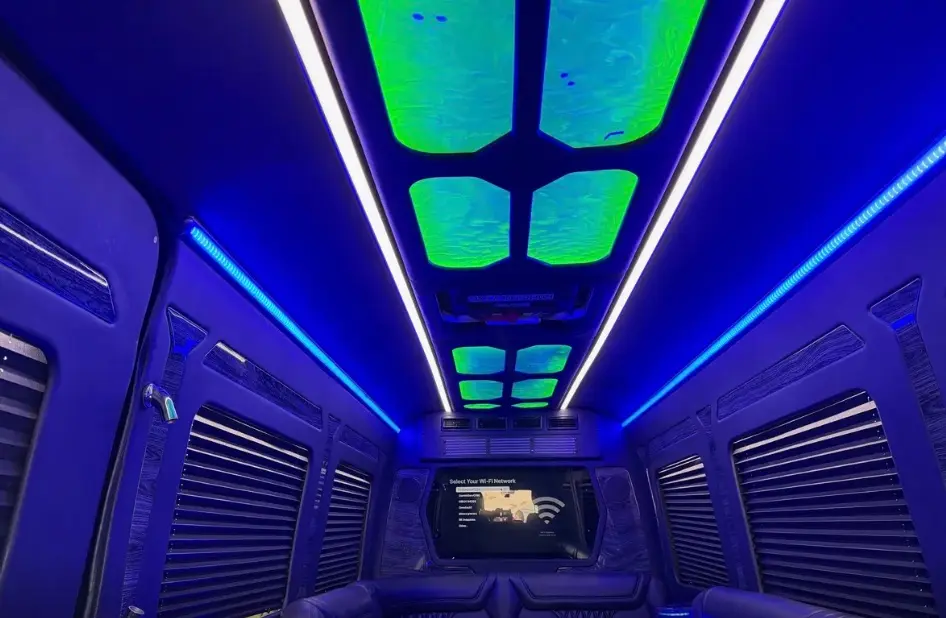 16-Passenger Sprinter Limo Party Bus – Mood-lit ceiling