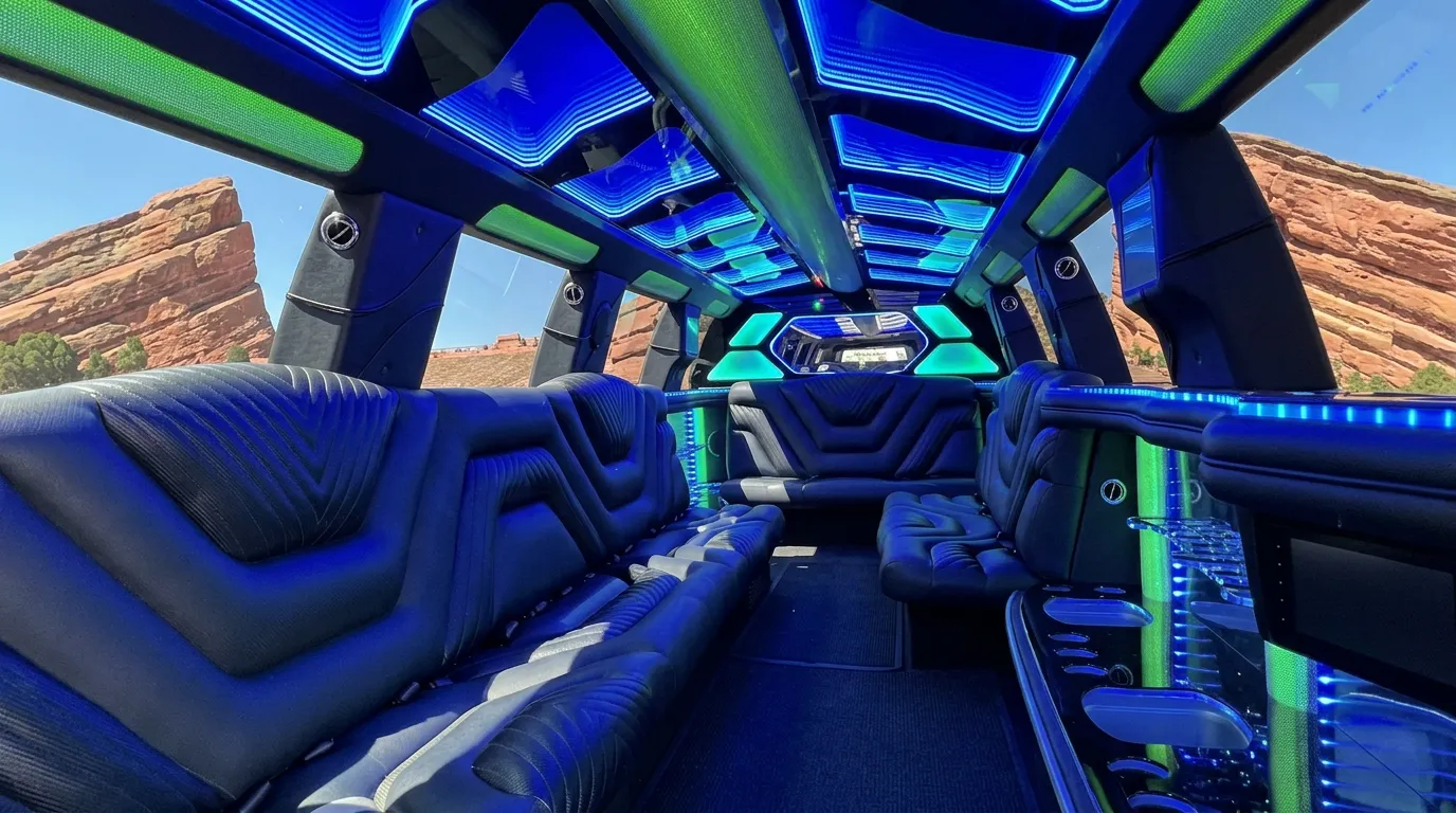 Inside the Chevy Suburban limo in Arvada: LED light-show ceiling, leather lounge seating and lit bar