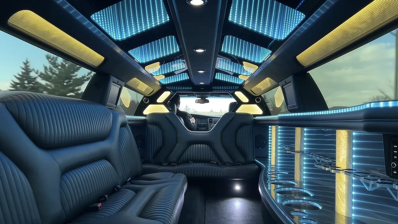 Inside the Dodge Charger limo in Arvada: LED light-show ceiling, leather lounge seating and lit bar