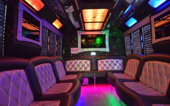 Party bus lounge with LED ceiling – Arvada party bus rental