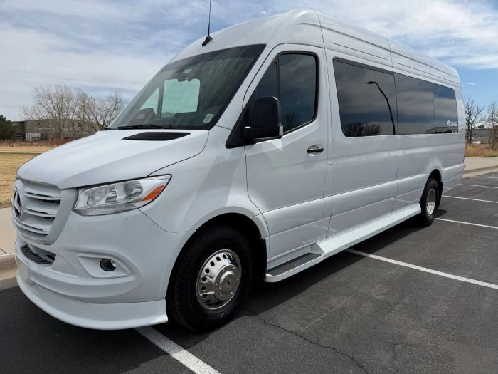 White Mercedes Sprinter – Arvada party bus rental
